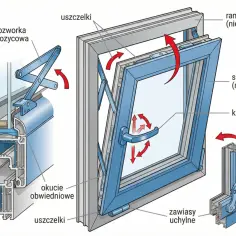 Ilustracja okna z ukrytymi zawiasami, mechanizmem nożycowym i przekrojem profilu.