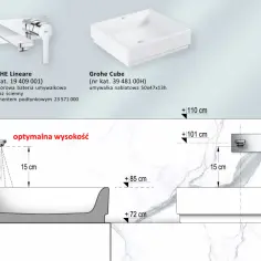 Schemat baterii podtynkowej i umywalki z wymiarami.