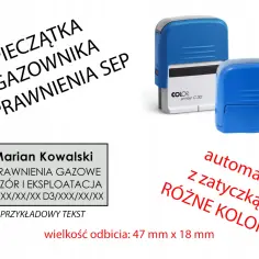 Pieczątka gazownika, pieczątki COLOP, przykładowy tekst i wymiary.