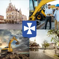 Kolaż: budynek ratusza, koparka, dwaj mężczyźni przy koparce, plac miejski, herb.