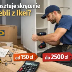Ile kosztuje skręcanie mebli z Ikei? Ceny wahają się od 150 zł do 2500 zł. Na zdjęciu mężczyzna montuje meble, obok instrukcja i narzędzia.