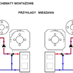 Schemat instalacji grzewczej z zaworem trójdrożnym i pompą obiegową.