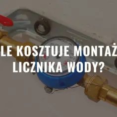 Zbliżenie na licznik wody z mosiężnymi złączkami i czerwoną dźwignią zaworu.