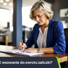 Kobieta w garniturze pisze dokument na biurku, obok filiżanka kawy.