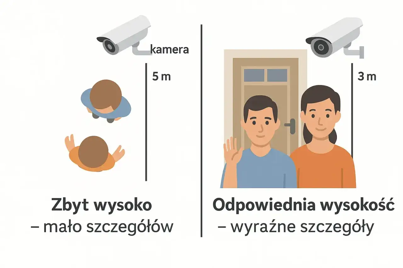 Jak zamontować kamerę? Montaż na wysokości 3m zapewnia wyraźne szczegóły, 5m to zbyt wysoko i mało szczegółów.